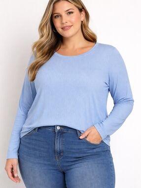 #1085 Just Polly Powder Blue Ribbed Long Sleeve Top Soft Stretch Crew Neck